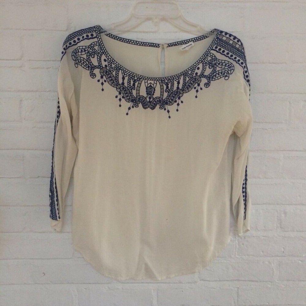 Club Monaco White Silk Long Sleeve Blouse w/ Blue Floral - Size XS